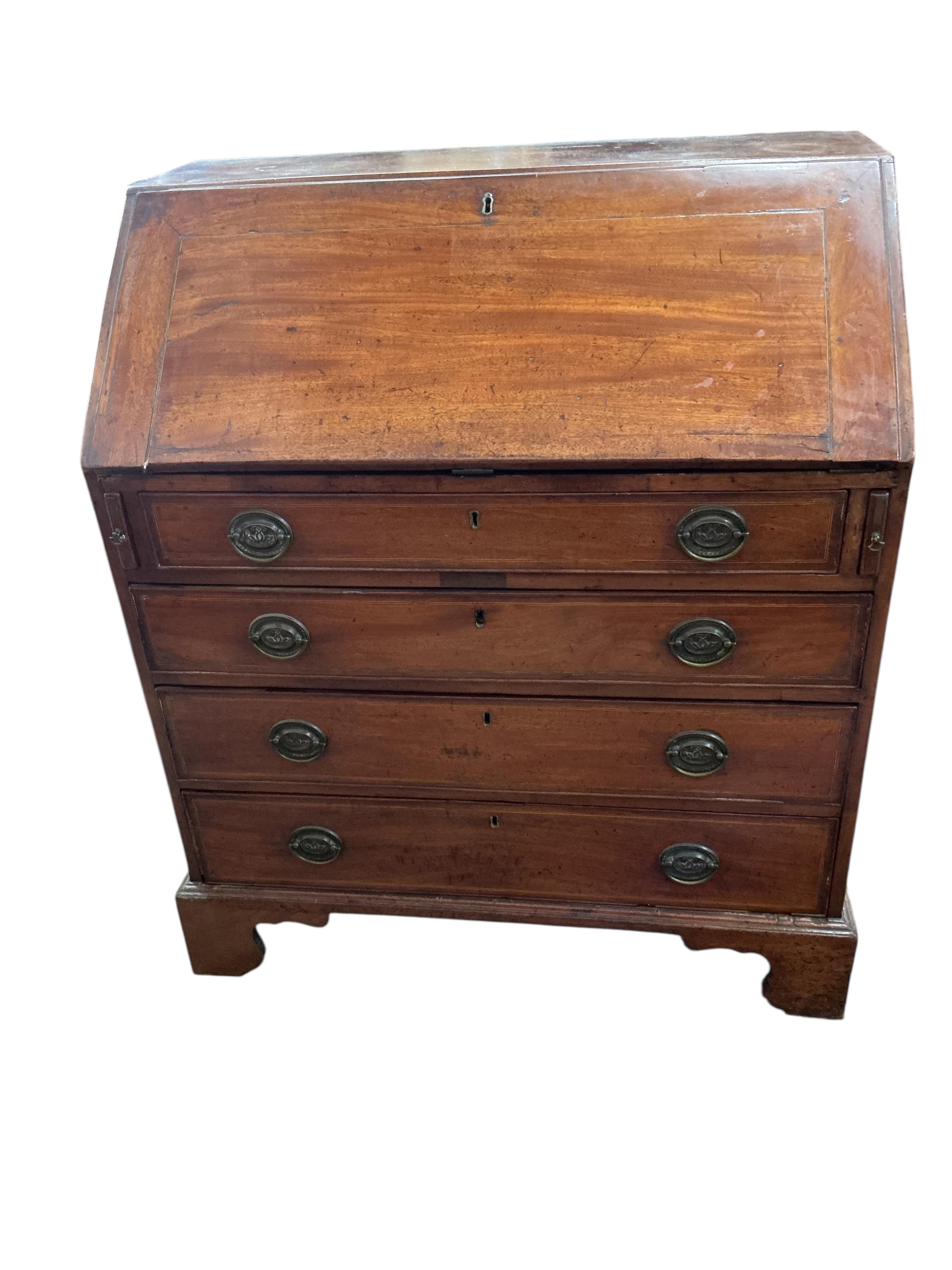 A George III mahogany bureau, with four long drawers on bracket feet, width 91cm, depth 53cm, height 108cm